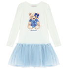 Girls White & Blue Teddy Tulle Dress, 1, hi-res